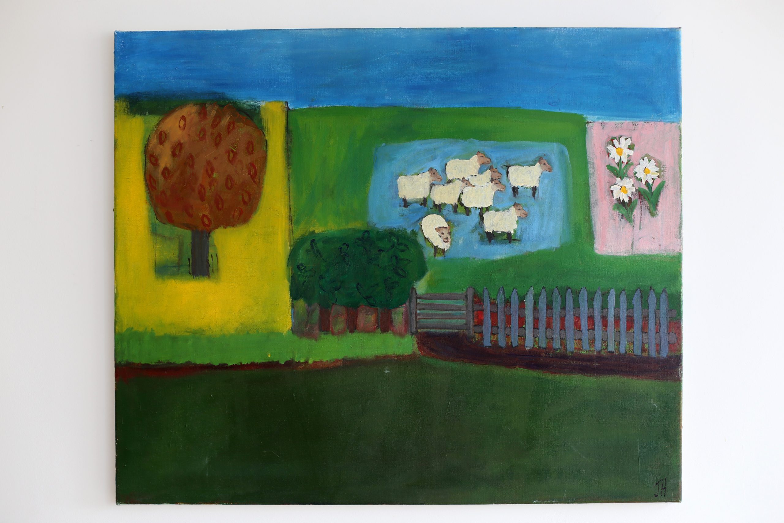 Landscape with sheep (oil on canvas)